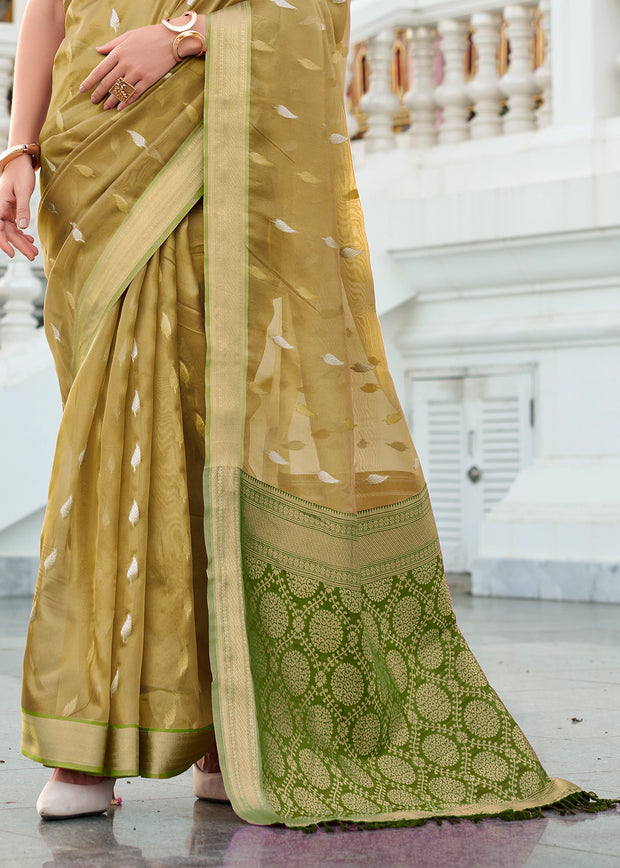 Olive Green Woven Tissue Silk Saree