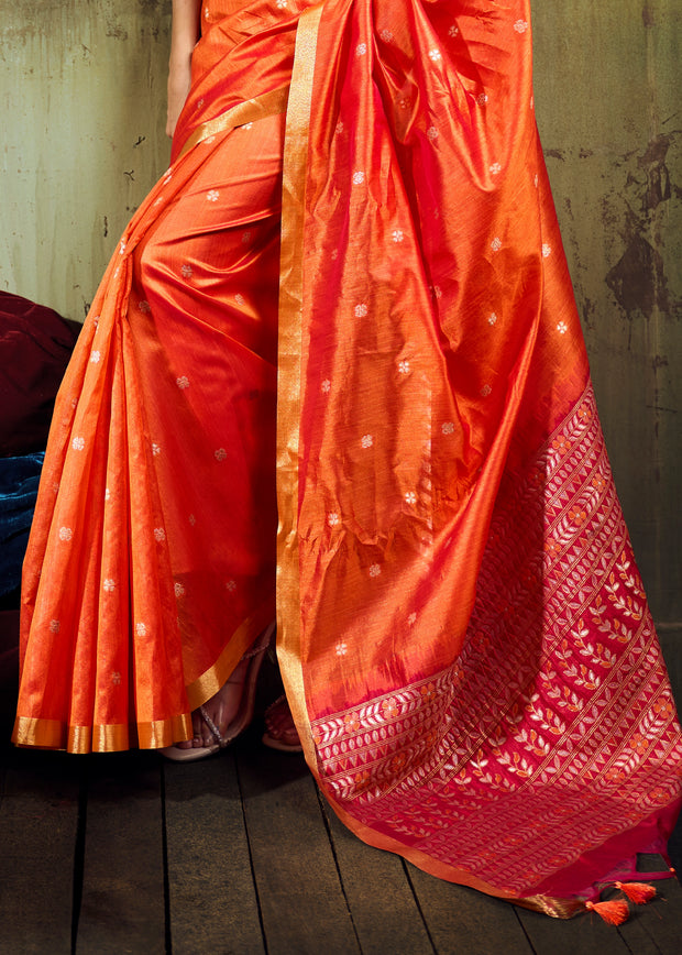Sunset Orange Banarasi Tusser Silk Saree