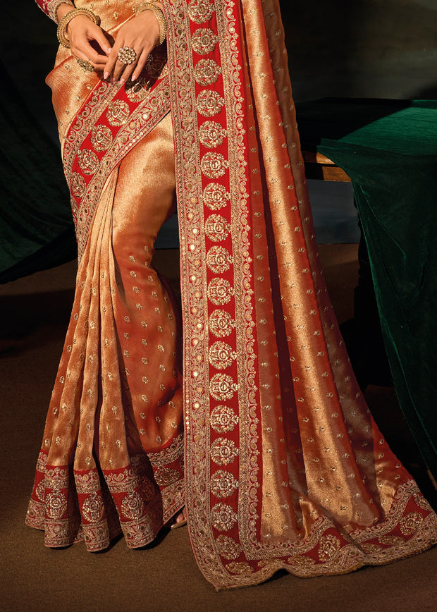 Golden Red Embroidered Silk Saree