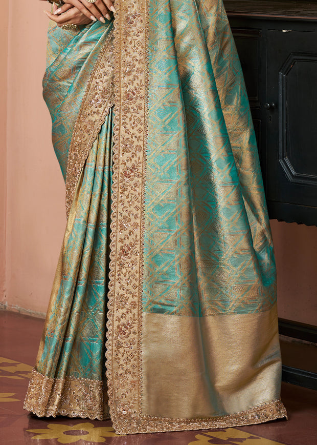 Turquoise Blue Bead Work Kanjivaram Soft Silk Saree
