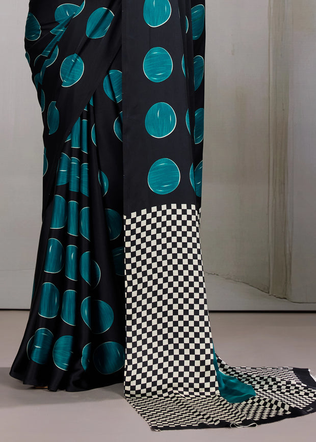 Teal Blue Printed Satin Silk Saree