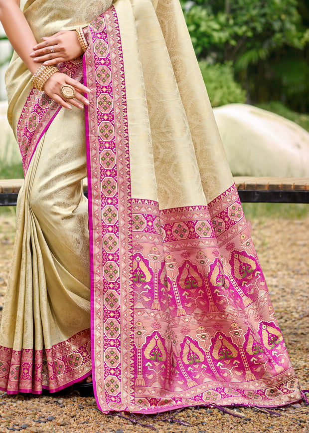 Cream Beige Woven Banarasi Silk Saree