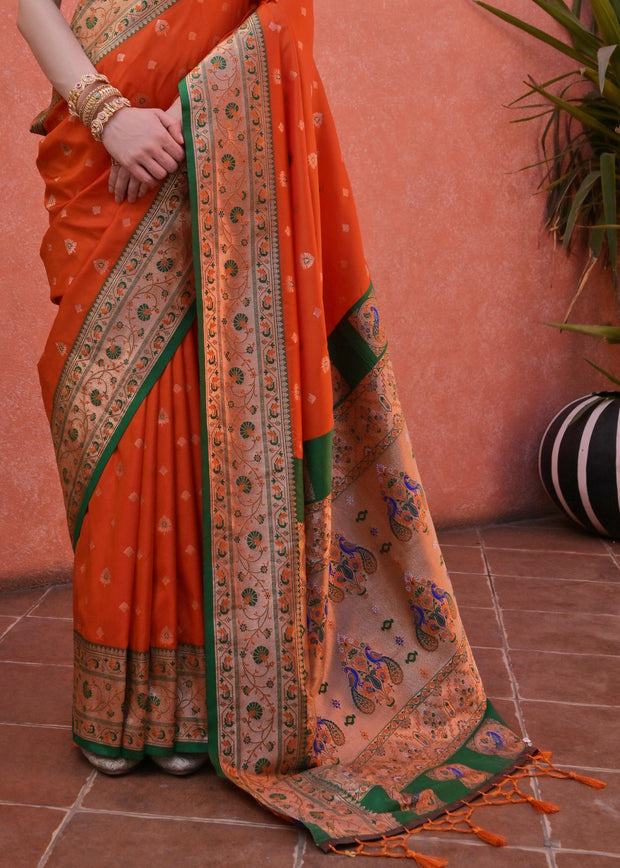 Burnt Orange Woven Paithani Silk Saree