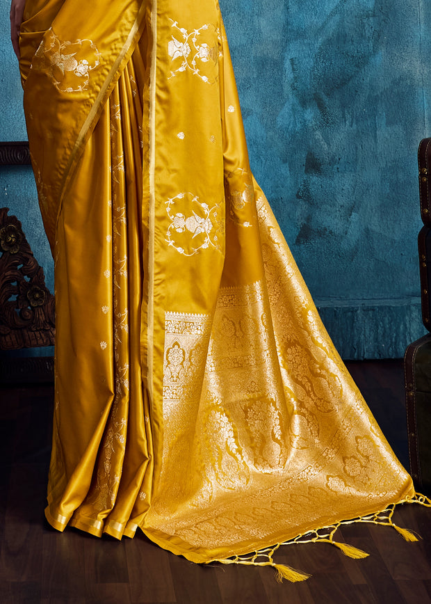 Ochre Yellow Woven Banarasi Satin Silk Saree