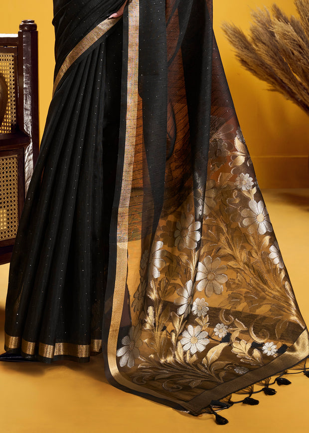 Jet Black Woven Cotton Silk Saree