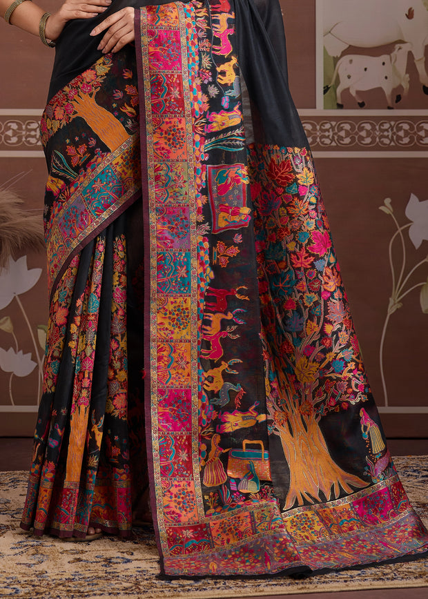 Pirate Black Woven Cotton Kashmiri Jamewar Saree