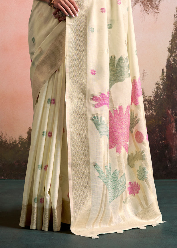 Snow White Woven Linen Cotton Silk Saree