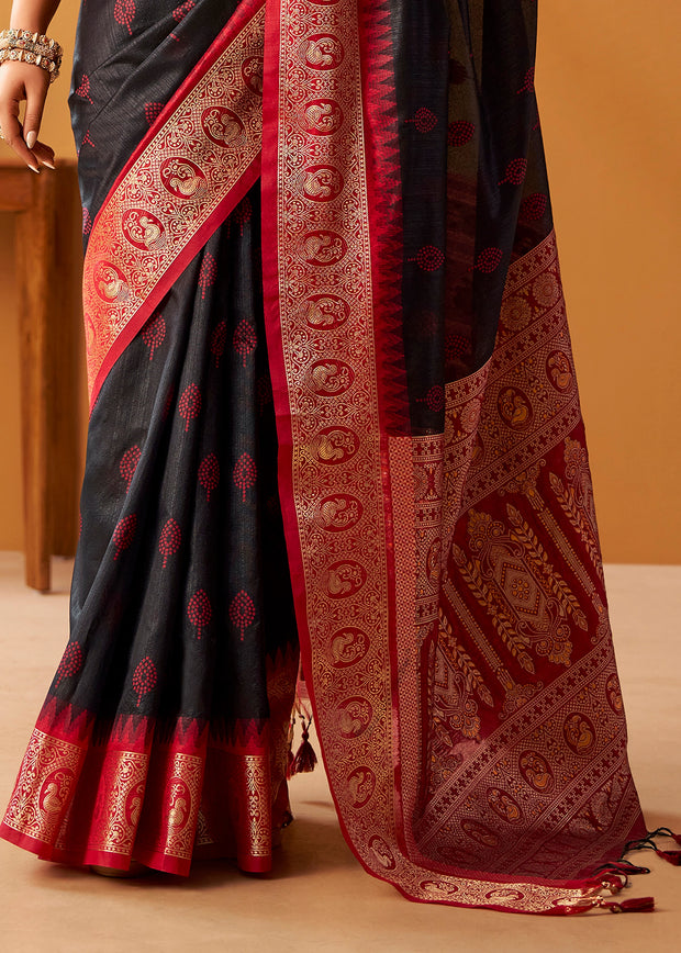 Black and Red Woven Banarasi Cotton Silk Saree