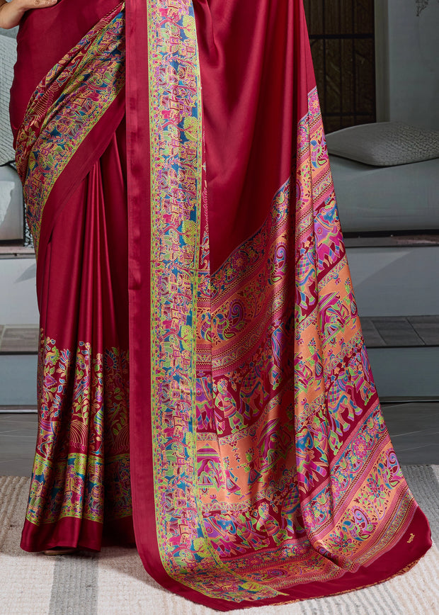 Maroon Printed Satin Silk Saree