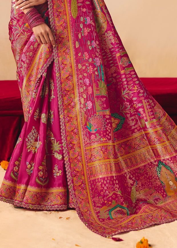 Fuchia Pink Designer Embroidered Saree