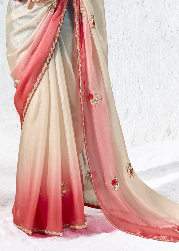 Multicolor Designer Organza Silk Saree With Printed Blouse