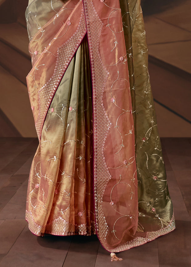 Golden And Pink Embroidered Designer Saree
