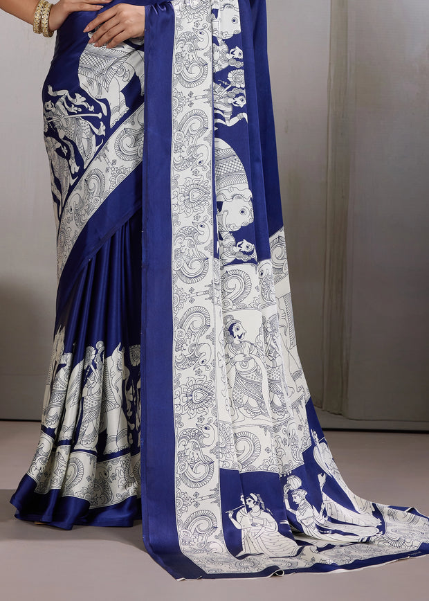 True Blue Printed Satin Silk Saree
