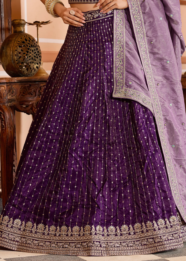 Dahila Purple Tissue Silk Embroidered Lehenga
