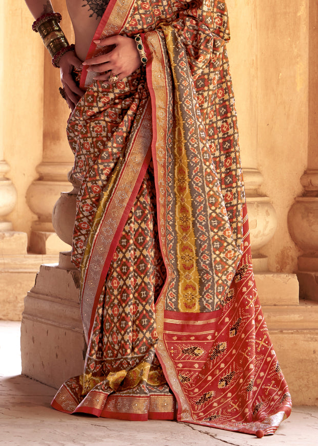 Rust Orange Printed Patola Silk Saree
