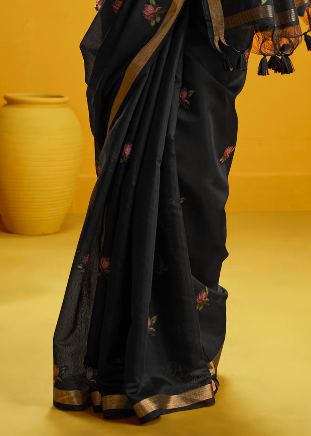 Black Woven Munga Cotton Silk Saree