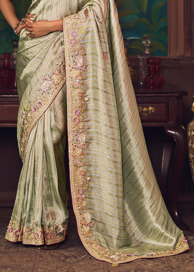Mist Green Designer Embroidered Saree