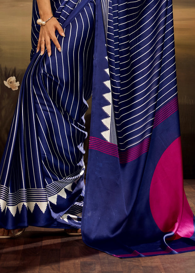 Navy Blue Printed Satin Silk Saree