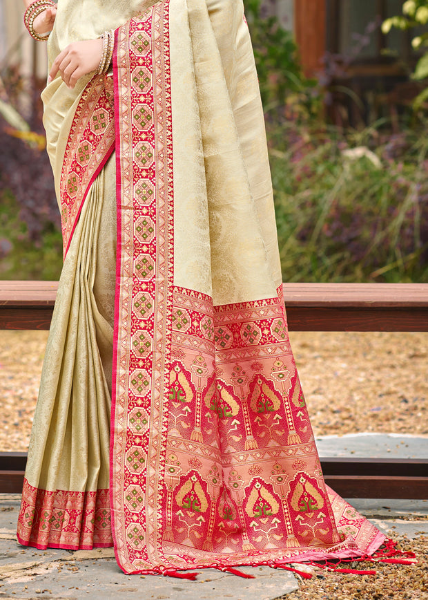 Beige And Red Woven Banarasi Silk Saree