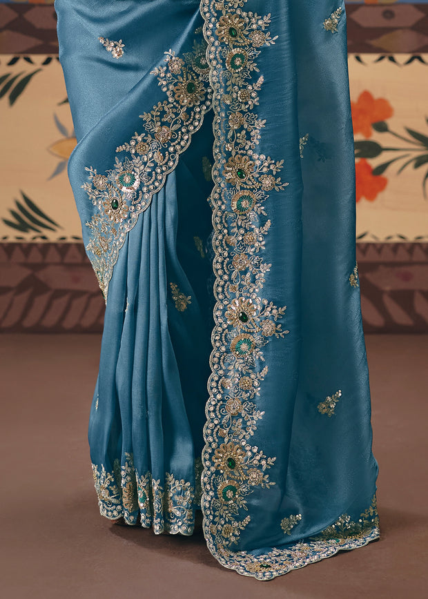 Storm Blue Embroidered Designer Saree