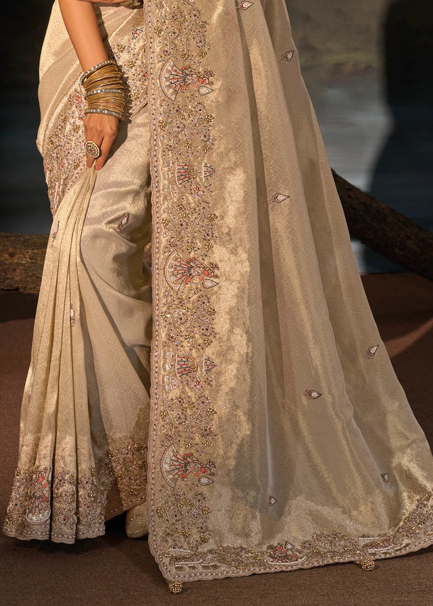 Beige Embroidered Kanjivaram Silk Saree