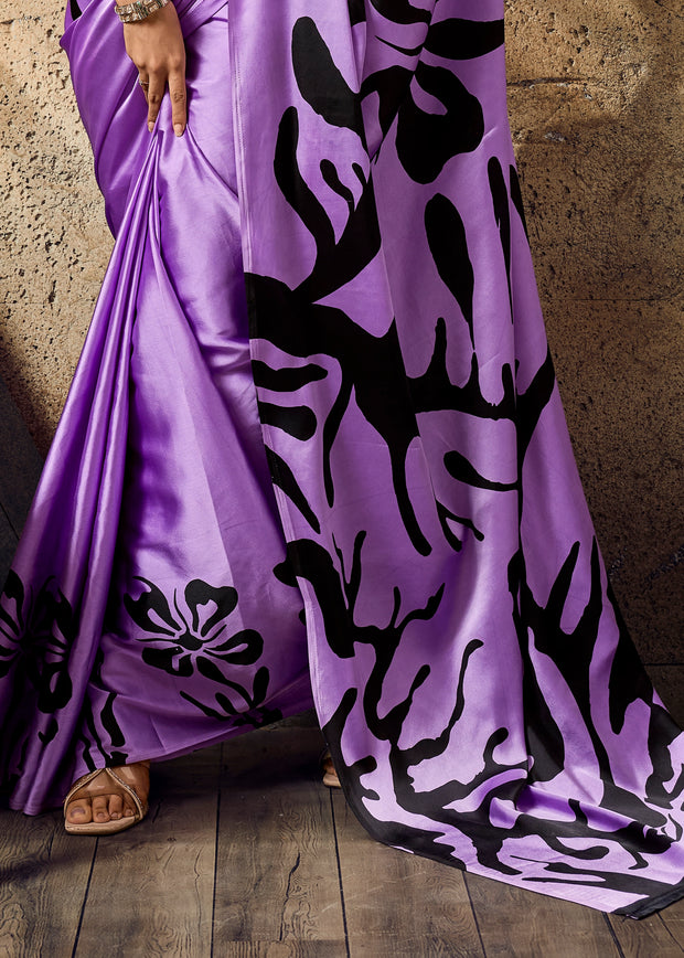 Lavender Purple Printed Satin Silk Saree
