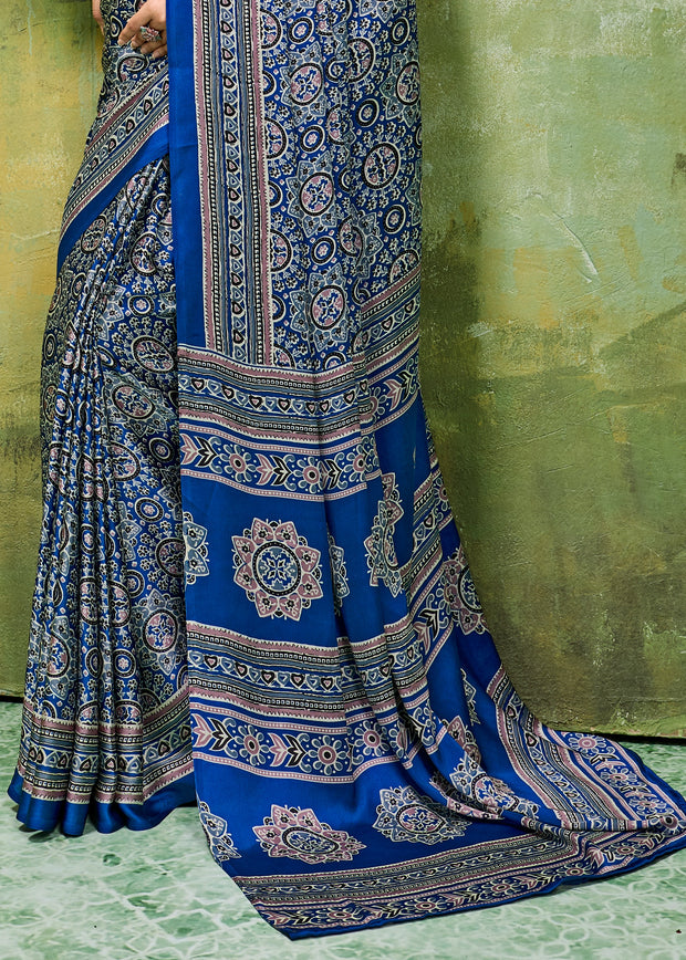 Indigo Blue Printed Satin Silk Saree