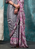 Grey and Purple Satin Crepe Printed Silk Saree