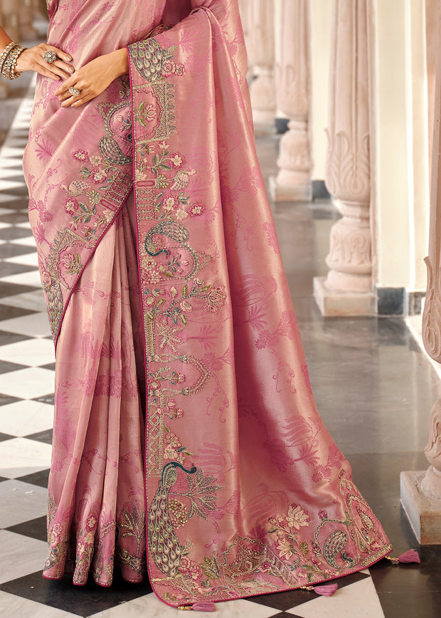 Pastel Pink Designer Embroidered Silk Saree
