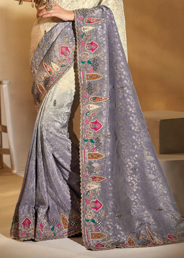 Elegant Cream & Grey Designer Embroidered Crape Silk Saree