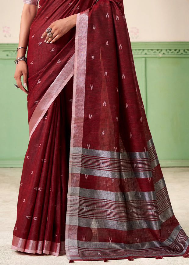 Deep Maroon Woven Linen Silk Saree