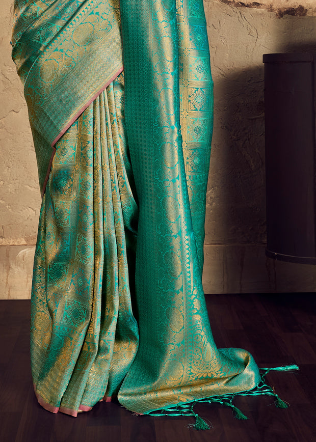 Peacock Green Woven Kanjivaram Silk Saree