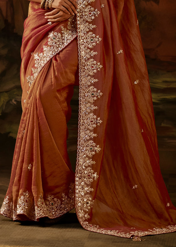 Rust Orange Embroidered Tissue Saree