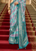 Teal Blue Printed Satin Silk Saree