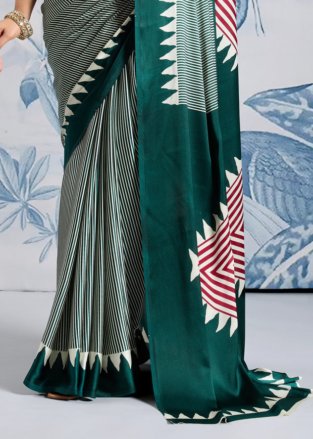 Antique Green Printed Satin Silk Saree