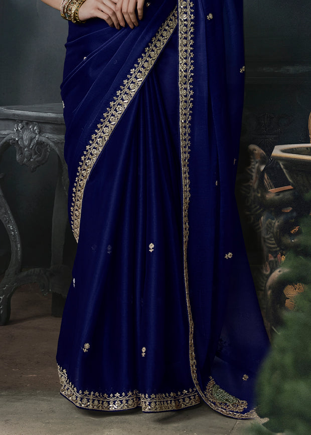 Navy Blue Embroidered Designer Saree