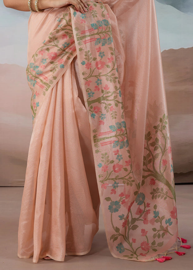Peach Pink Woven Tissue Silk Saree