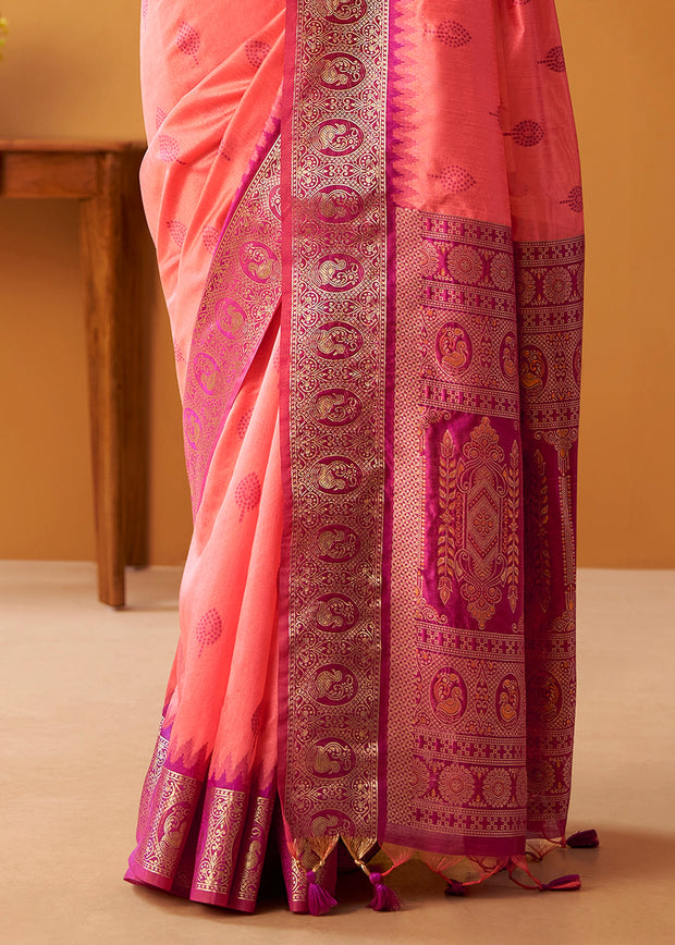 Peach Pink Woven Banarasi Cotton Silk Saree