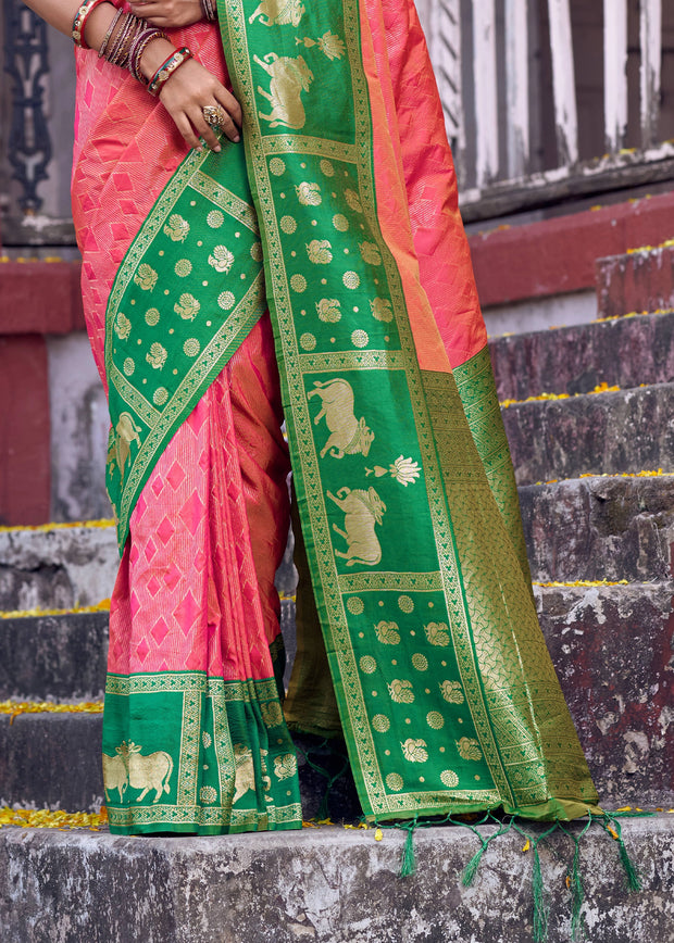 Peach Pink Woven Banarasi Silk Saree