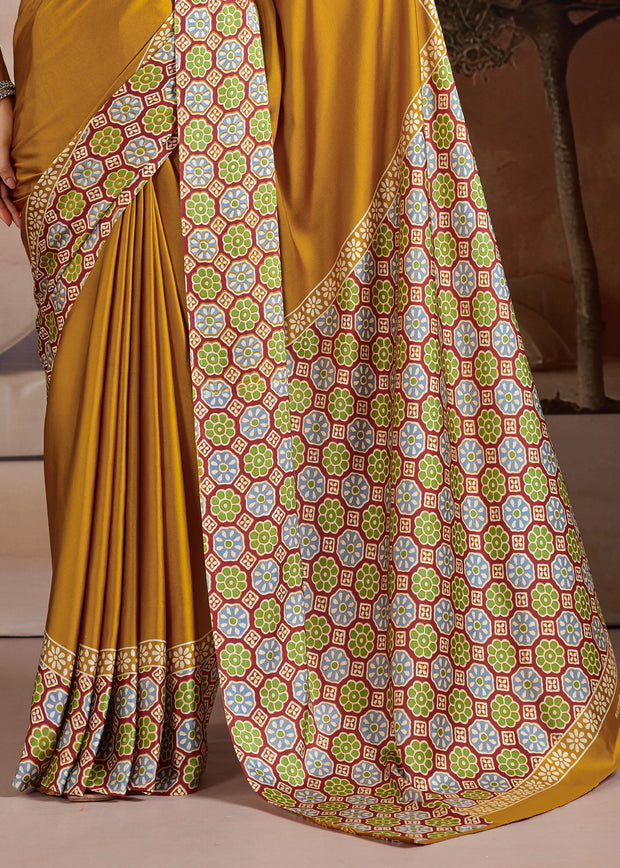 Mustard Yellow Printed Satin Silk Saree