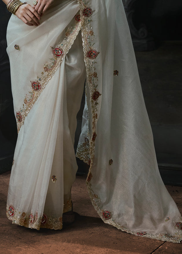 Lily White Embroidered Designer Saree