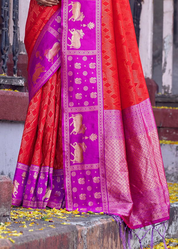 Red And Purple Woven Banarasi Silk Saree