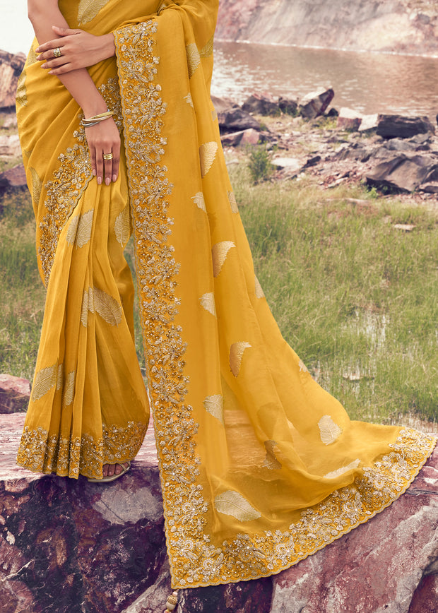 Mustard Yellow Woven Embroidered Tissue Silk Saree