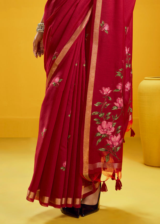 Festive Red Woven Munga Cotton Silk Saree