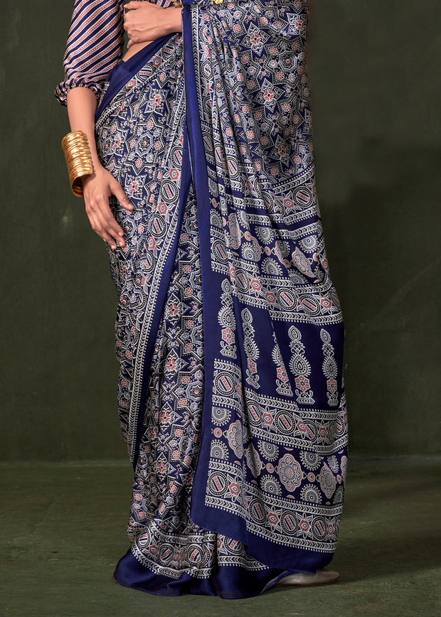 Patriot Blue Printed Satin Crepe Silk Saree