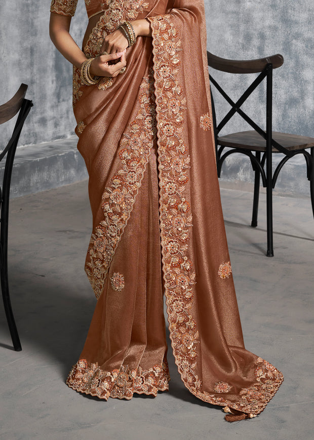 Hazel Brown Embroidered Tissue Silk Saree