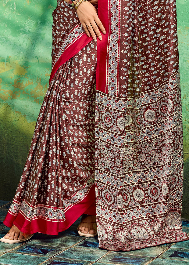 Chocolate Brown Printed Satin Silk Saree