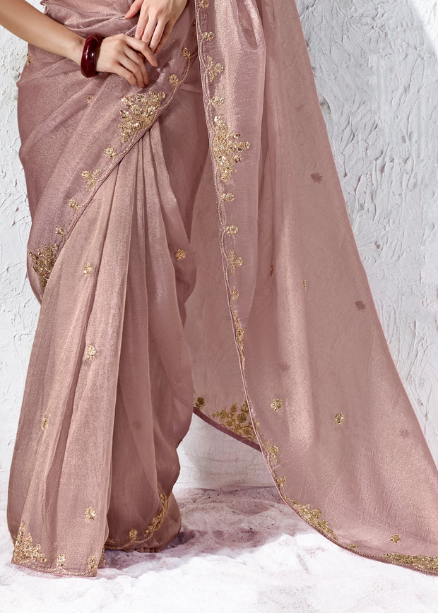Mauve Designer Organza Silk Saree With Printed Blouse