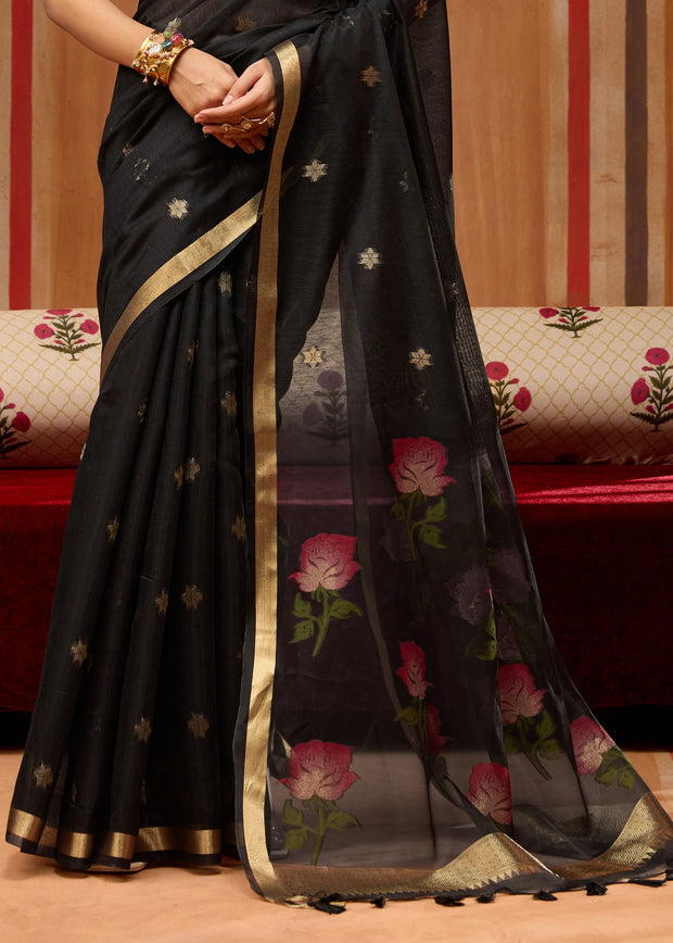 Jet Black Woven Cotton Organza Saree