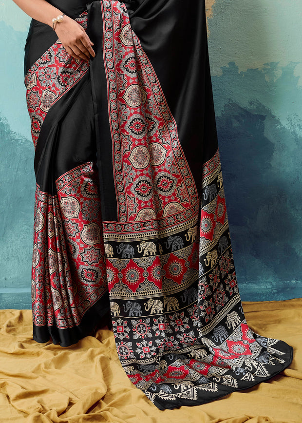 Jet Black Printed Satin Silk Saree